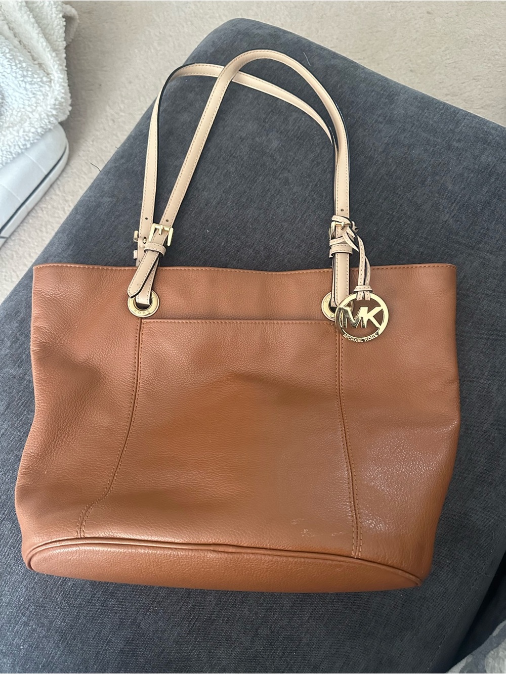 Michael Kors Cognac Leather Tote with Cream Straps
